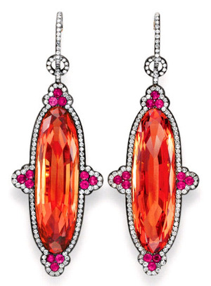 IMPERIAL TOPAZ, RUBY AND DIAMOND EAR PENDANTS, BY JAR